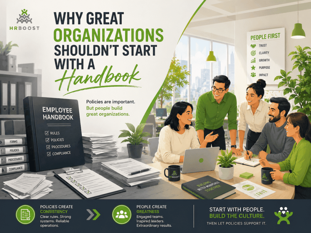 Illustration contrasting an employee handbook with a collaborative team, showing why great organizations put people and culture before policies.