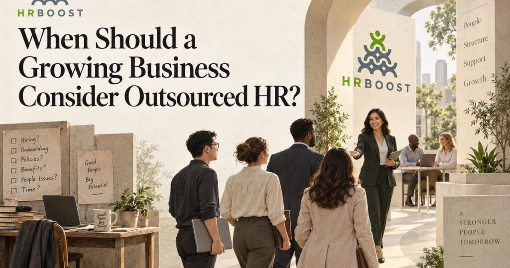 Business professionals walking toward an HRBoost office consultation